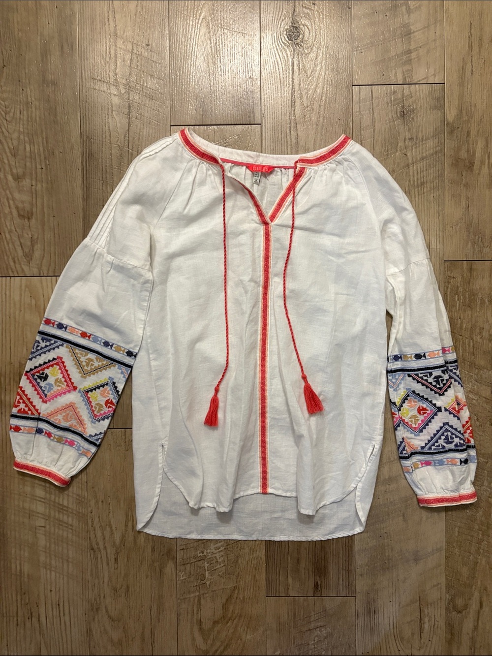 Joules Boho Embroidered Peasant Top with Coral Trim - Women